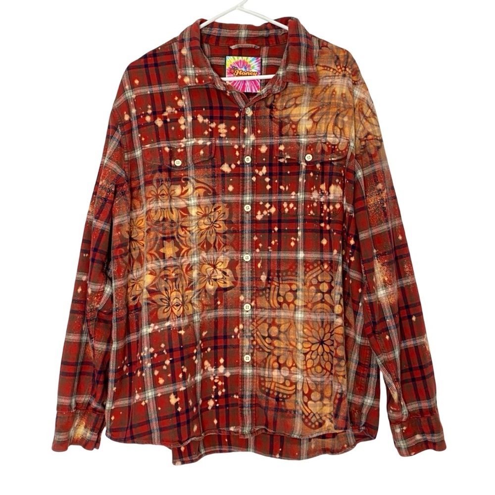 Custom Bleached Flannel Shirt Men Size XXL Unisex Floral Plaid Upcycled 2X 2XL